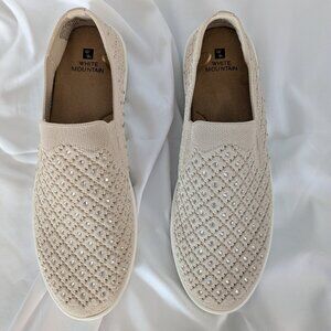 White Mountain Rhinestone Stretch Woven Slip Ons
